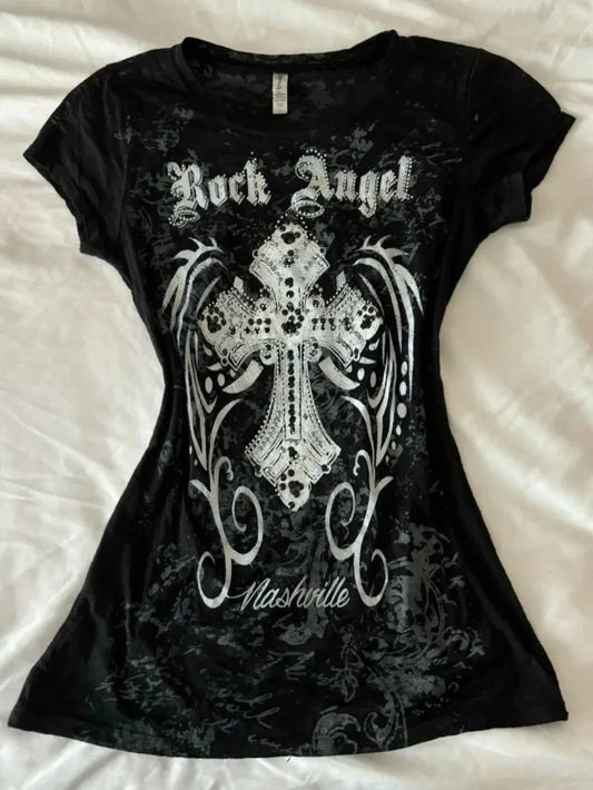 Women T-shirts y2k Clothes Slim Goth Print Streetwear Punk Cross O-Neck Harajuku Vintage 2000s Grunge Short Sleeve Tops Tees