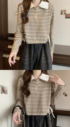 Women's Autumn Polo Shirt 2026 Striped Long Sleeve Drawstring Teddy Bear Collar Slimming T-Shirt
