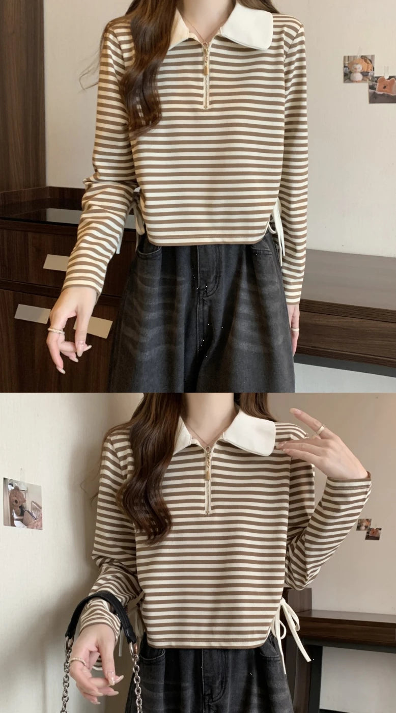 Women's Autumn Polo Shirt 2026 Striped Long Sleeve Drawstring Teddy Bear Collar Slimming T-Shirt
