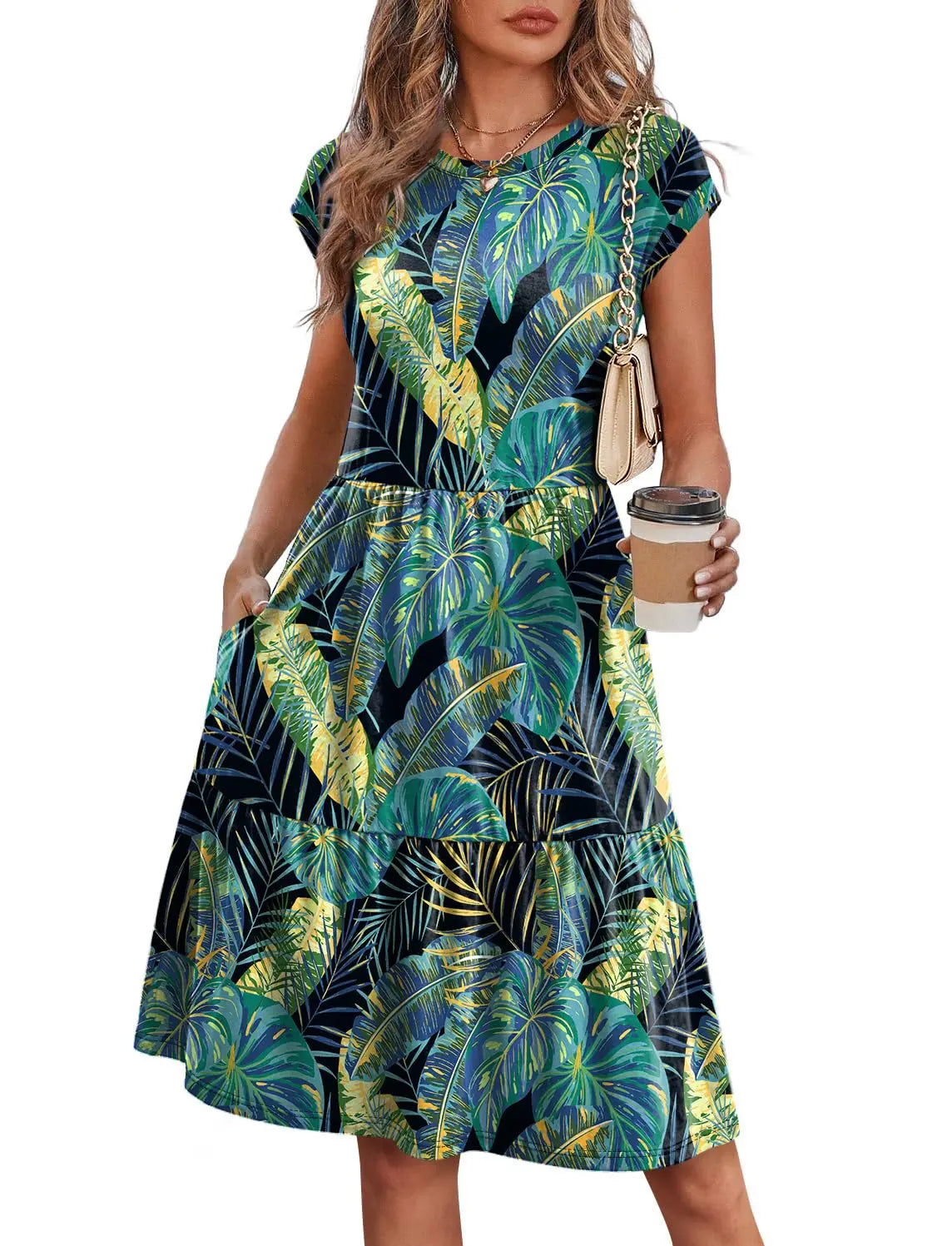 Women Cap Sleeve Casual Tiered Swing Dress Floral Print Summer Beach Vacation Dress