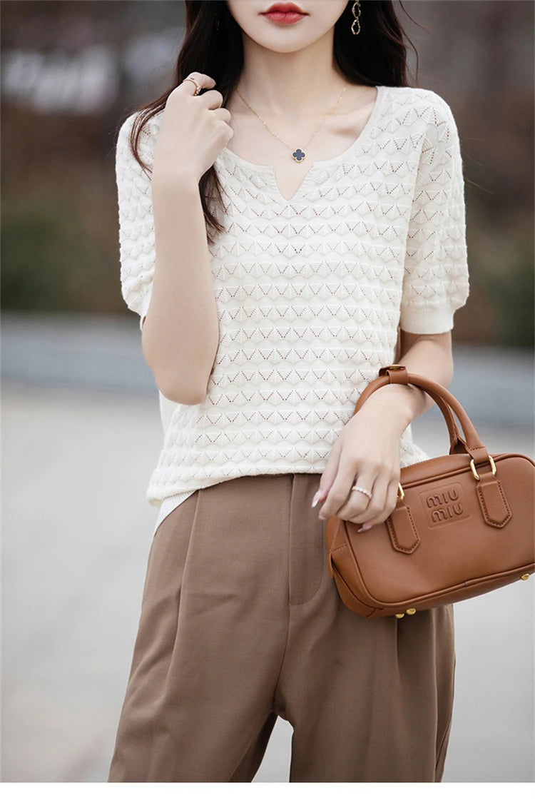 Women's T-shirt Summer New 100% Pure Cotton Tees Casual Solid Knitted Short sleeved V-neck Pullover Loose Tops Fashion Sweater