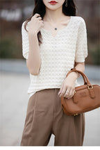 Women's T-shirt Summer New 100% Pure Cotton Tees Casual Solid Knitted Short sleeved V-neck Pullover Loose Tops Fashion Sweater