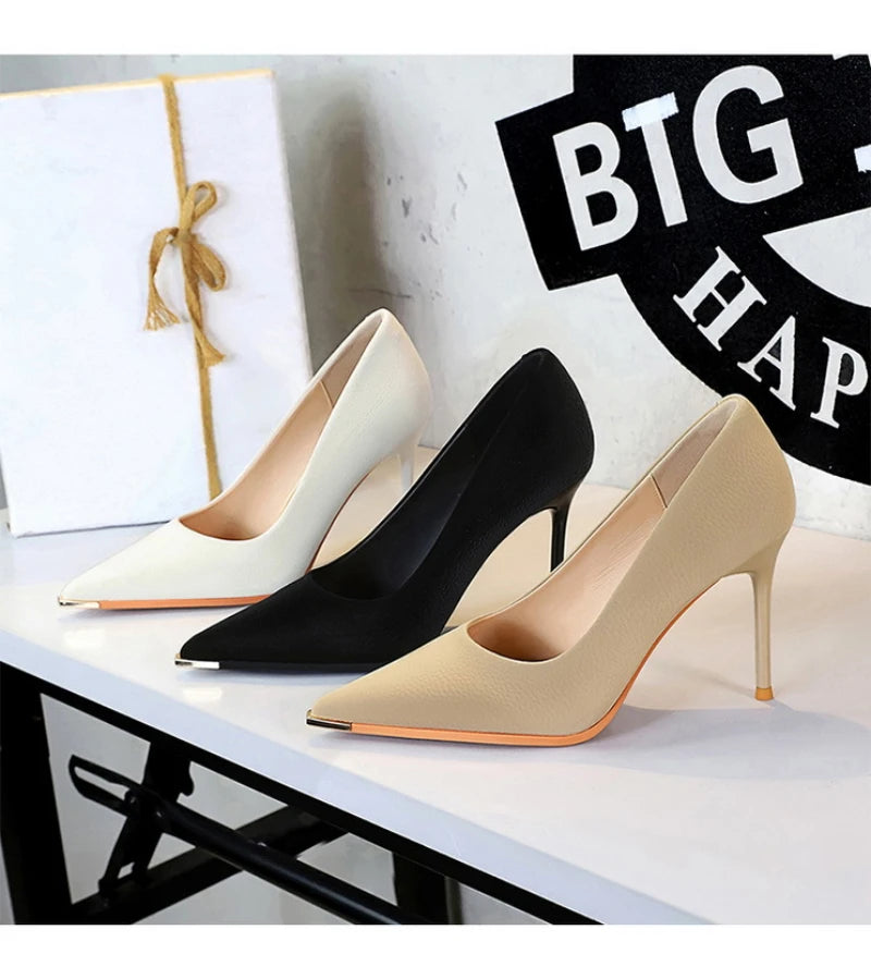 Banquet Fashion Metal Toe High Heels Women's Pointed Toe Shallow Mouth Thin Heels Women's Shoes Temperament Single Shoes