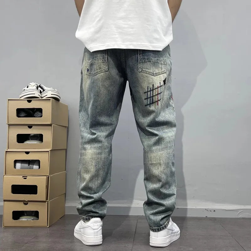 Trendy Edgy And Stylish Men's Jeans With Patchwork Embroidery And Prints Loose-fitting Straight Leg