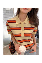 Striped POLO Neck Ice Silk Short Sleeved Women's Summer Thin Fashion Loose Lapel Knit Top