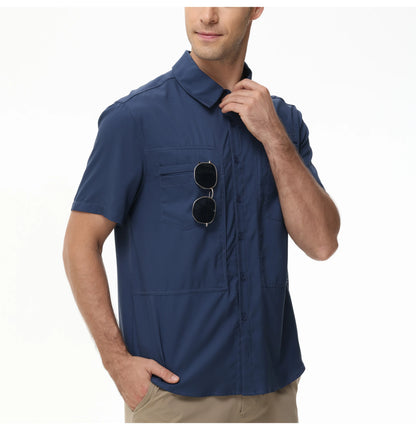 Summer Men's UPF 50+ Fishing Shirts, Lightweight Breathable Short Sleeve Cargo Shirt, Button Down Tactical Shirts Workout