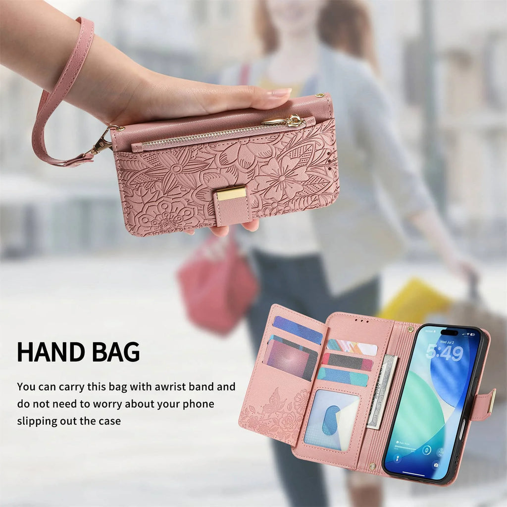 Compatible with iPhone 17/16e/15/14/13/12 Pro Max 16 Plus Lanyard Zipper Wallet Case Dual Card Holder Flip Stand Magnetic Buckle