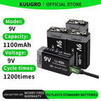 Kuugro USB 9V Rechargeable Battery 1100mAh Type-C Rechargeable 6F22 9V Li-ion Battery for RC Helicopeter Model Multimeter Toy