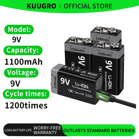 Kuugro USB 9V Rechargeable Battery 1100mAh Type-C Rechargeable 6F22 9V Li-ion Battery for RC Helicopeter Model Multimeter Toy