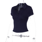 Hugcitar Women'S Fashion Short Sleeve Solid Polo Neck Buttons Sexy Crop T-Shirt Top Summer Female Clothes Streetwear Holiday