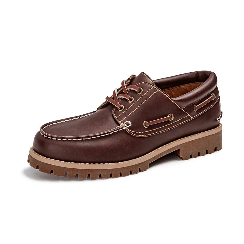 Maden Men's Vintage Boat Shoes Lace-up Round Toe Derby Shoes Low Top Boots British Style Classic Work Dress Shoes