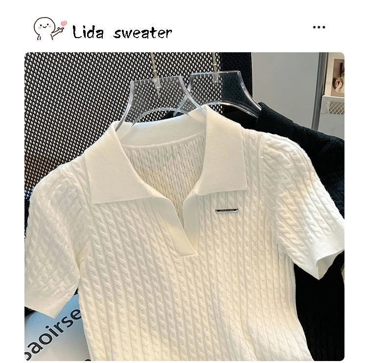 Summer Women's Polo-neck Short-sleeved Shirt Ice Silk Twist Stripe Knitting T-Shirt Thread Loose Minimalist Lapel Pullover Tees