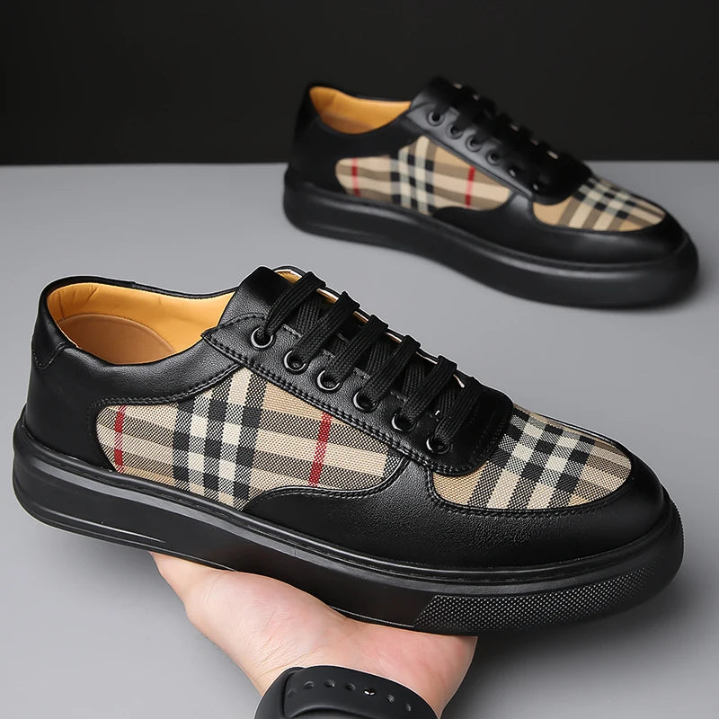 Men Classic Checkered Patchwork Thick Soled Casual Board Shoes Shock-absorbing Breathable Fashionable Commuting Street Shoes