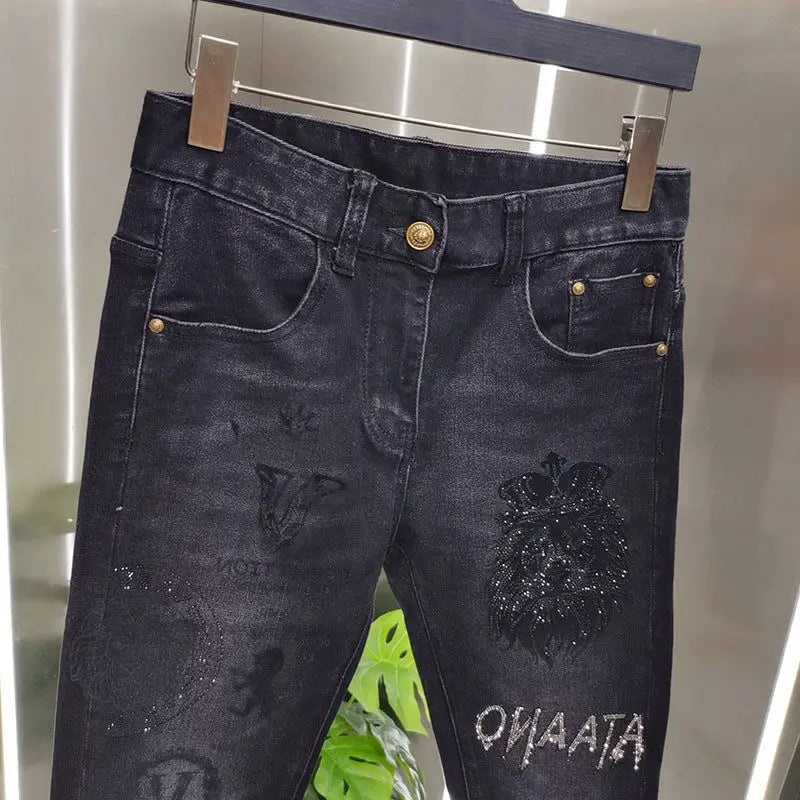 Hot-Stamped Rhinestone Men's Jeans, Trendy Brand, Stretchy Slim Fit, Embroidered and Printed Men's Trousers