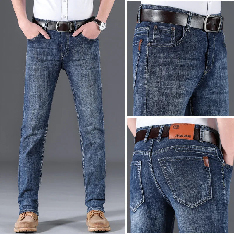 2026 Summer Thin Men's Elastic Cotton Jeans Fashion Blue Comfortable Business Straight Casual Pants Brand Male Clothes Trousers
