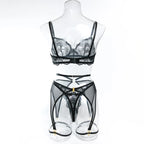 Sexy Lace Lingerie Set 3 Piece Sheer Mesh Bra Briefs Garter Belt Strappy Hollow Out Waist Cincher Black Erotic Costume Women