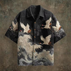 New dark green embossed dark pattern fabric with flying crane and wave printing for men's casual short sleeved shirt