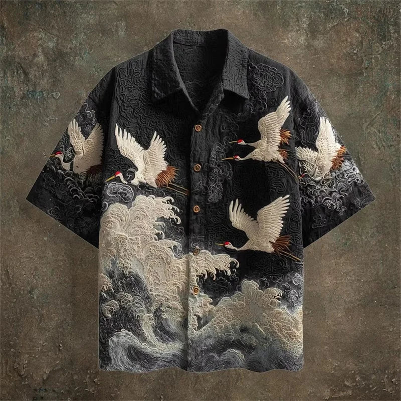 New dark green embossed dark pattern fabric with flying crane and wave printing for men's casual short sleeved shirt