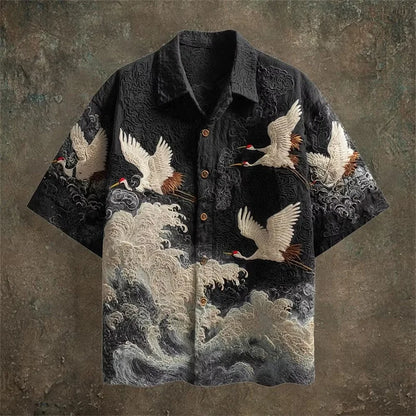 New dark green embossed dark pattern fabric with flying crane and wave printing for men's casual short sleeved shirt