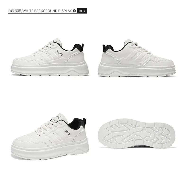 2026 Summer Men's White Platform Sneakers Leather Casual Shoes Thick Sole Streetwear Trendy Footwear