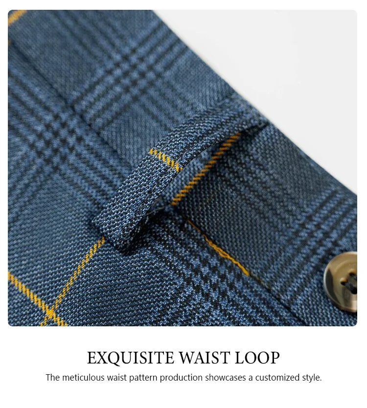 High Quality 3 Piece Checkered Suit Set Dark Blue Stylish Business Office Wedding Formal Outfit Elegant Full Man Dinner Suit