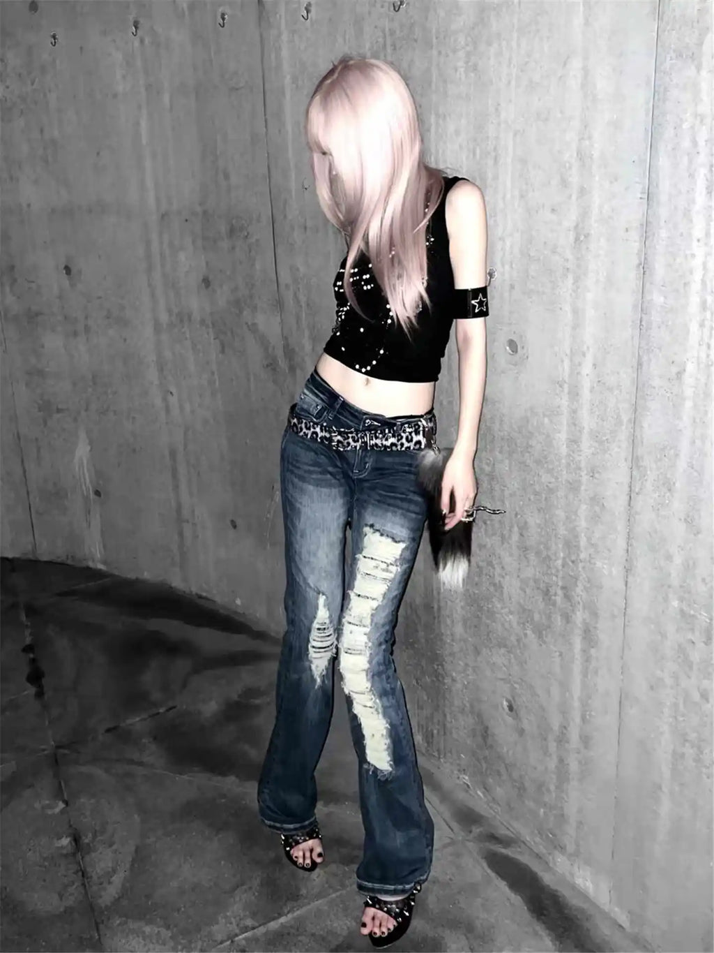 Women's Flare Jeans Low Rise Stretch Ripped Denim Pants Japanese Harajuku Skinny Abi Y2k American Retro Punk Grunge Bootcut Jean