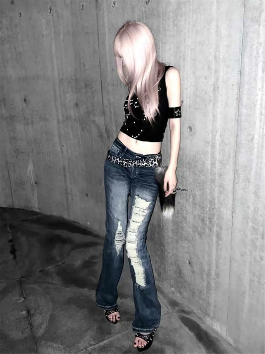 Women's Flare Jeans Low Rise Stretch Ripped Denim Pants Japanese Harajuku Skinny Abi Y2k American Retro Punk Grunge Bootcut Jean