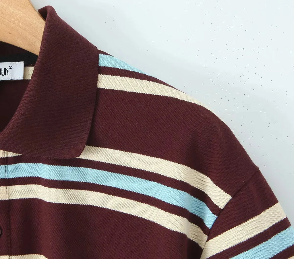 Summer Ladies Polo Shirts Woman Shorts Short Sleeve Brown Striped Vintage Clothes Polo Shirts Mujer Streetwear Crop Tops Casual