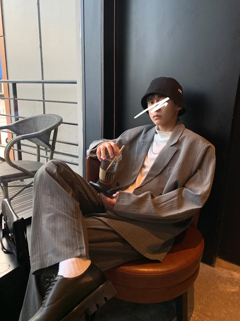 Spring Summer New Fashion Men's Korean Striped 2-piece Set Suits Blazers Pants Casual Trendy Straight Business Suit Male Sets