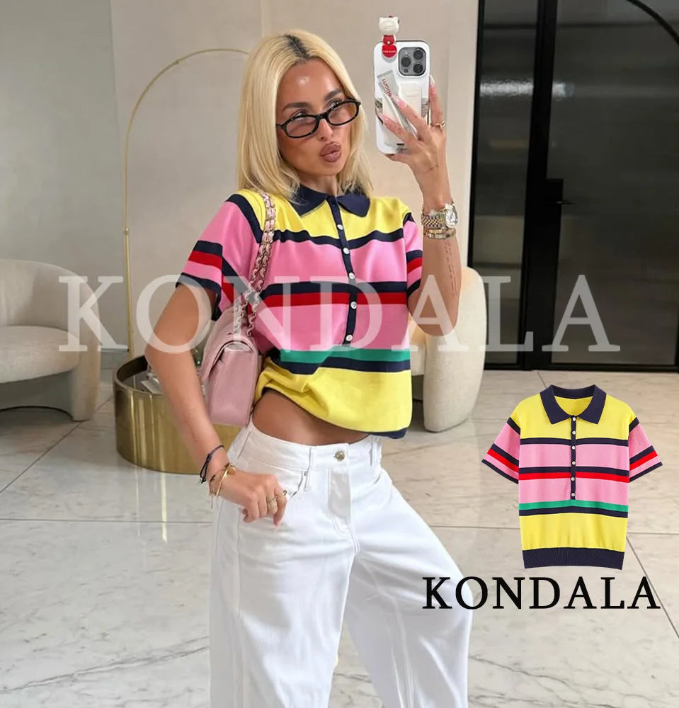 KONDALA Trendy Contrasting Colors Striped Tops Women Casual High Street Polo Shirts 2026 Summer Fashion Holiday Chic Knitted Top
