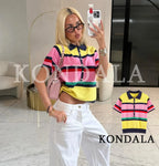 KONDALA Trendy Contrasting Colors Striped Tops Women Casual High Street Polo Shirts 2026 Summer Fashion Holiday Chic Knitted Top