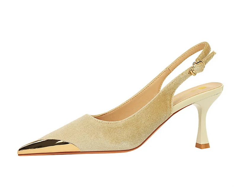 Elegant Women Green High Heel Velvet Pumps Wedding Party Slingback Sandals Metal Pointed Toe Hollow Buckle Wine Red Shoes