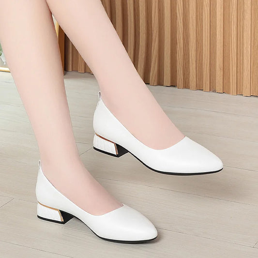 2026 Summer Women's Soft Leather Chunky Heel Pumps  Pointed Toe Low Heel Office Shoes White Work Dress Shoes Size 35-41