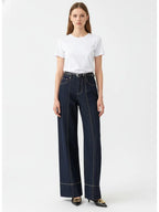 Missuoo 2026 Summer Women's Trendy Wide Leg Jeans Dark Blue High Waist Center Pleated Denim Pants with Contrast Stitching