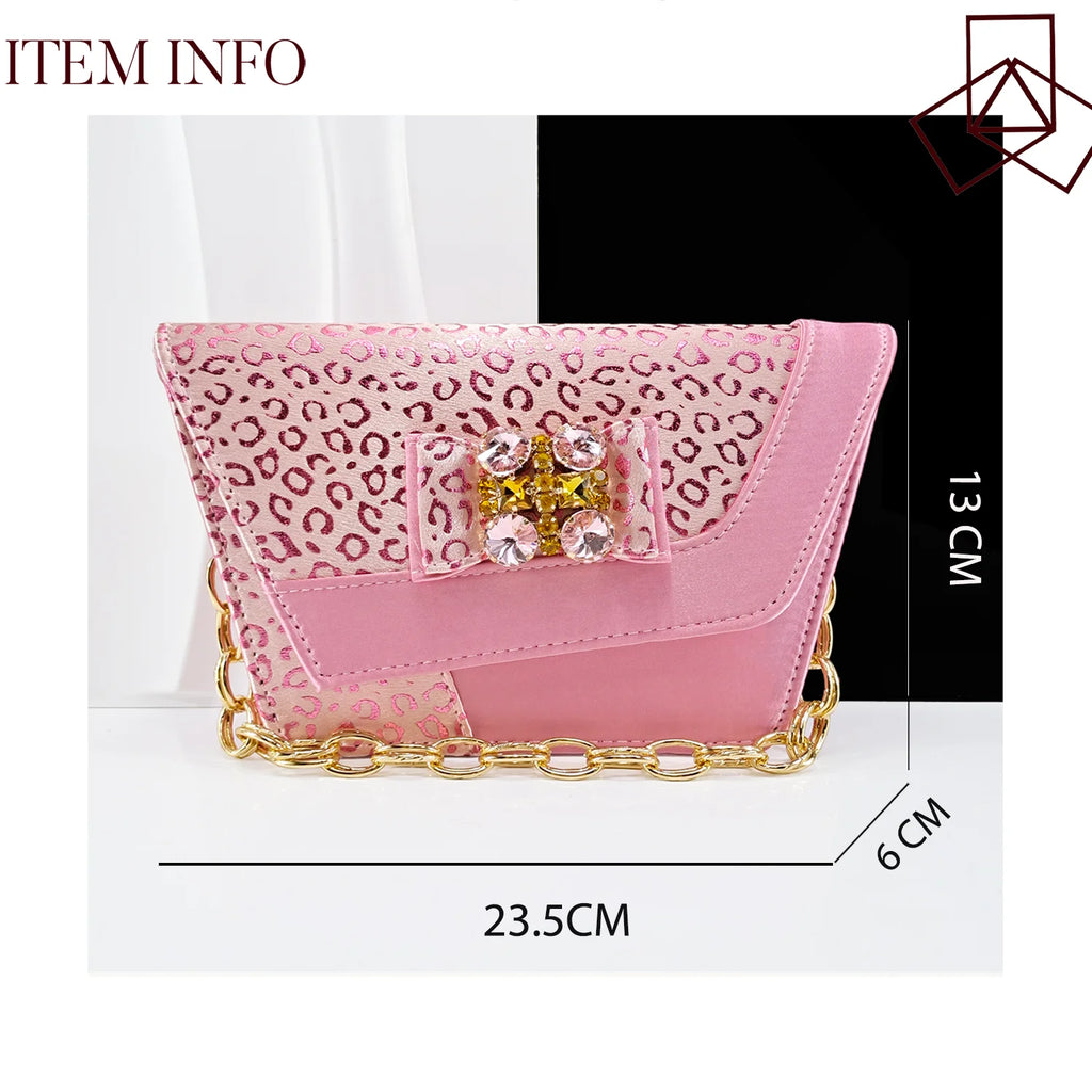Queena Yan  2025 Shiny Italian Fashion Pointed Toe Women Heel Fashion Rhinestone Decoration Pink Color Shoes And Bag Set