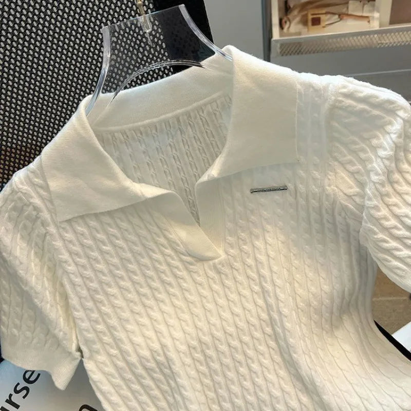 Summer Women's Polo-neck Short-sleeved Shirt Ice Silk Twist Stripe Knitting T-Shirt Thread Loose Minimalist Lapel Pullover Tees