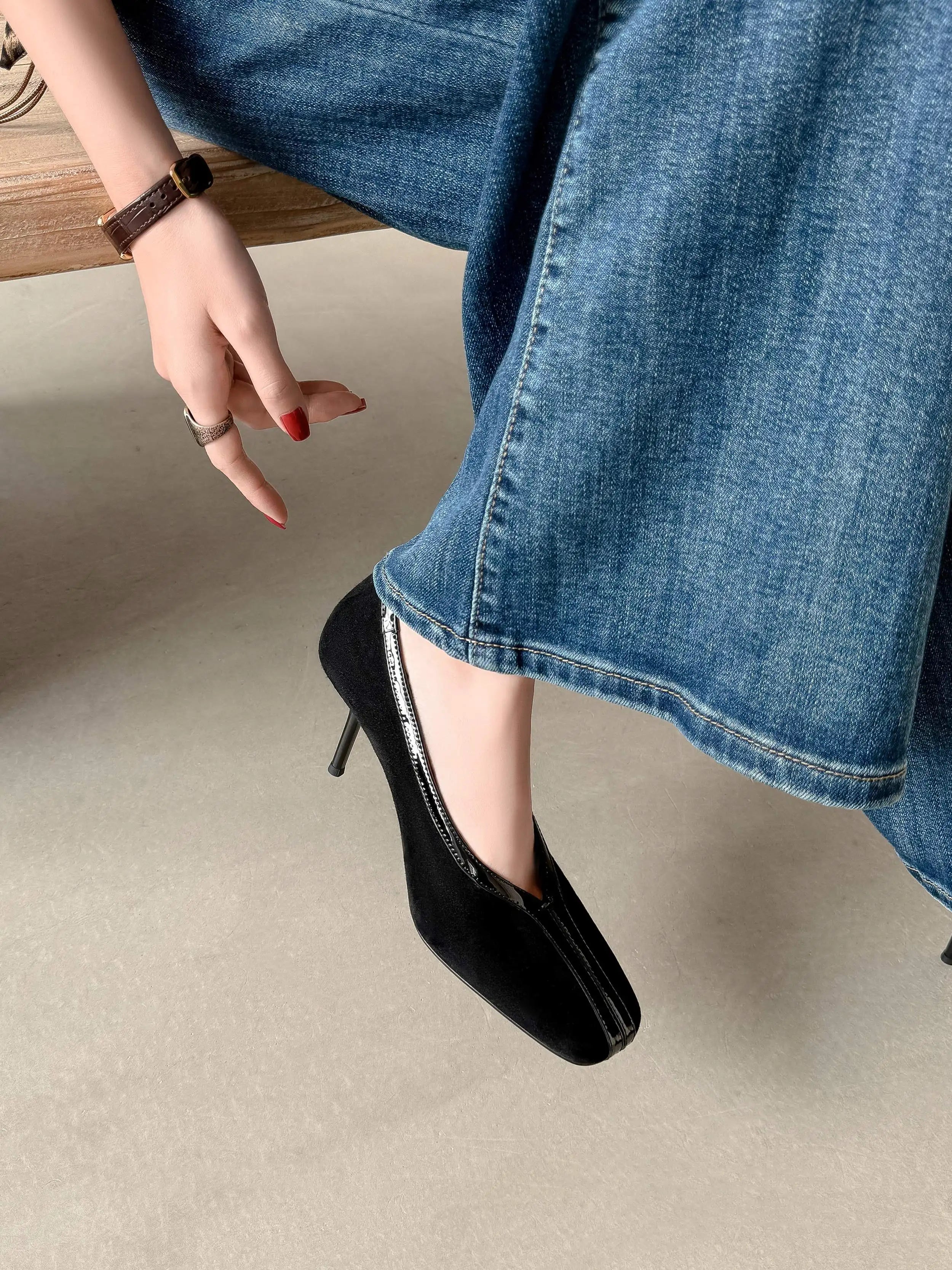 Krazing Pot Superstar Kid Suede Shallow Square Toe High Heels Spring Autumn Shoes Office Lady Party Wedding Dress Women Pumps