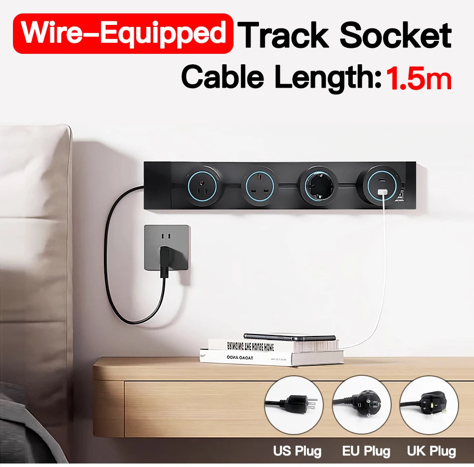 Wall Mounted Power Track Socket US EU UK Plug Adapter 40/50cm Office Electrical Outlet Wall socket USB Type C Grey Black