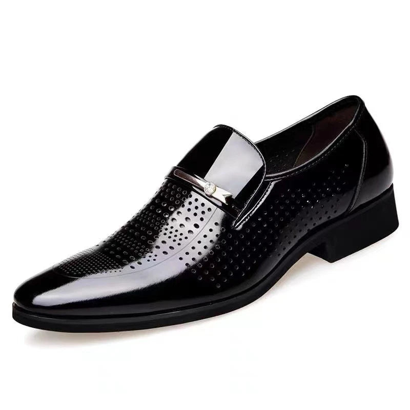 Mens Formal Wine Red Patent Leather Loafers Pointed Toe Slip On Shoes Hollow Out Non SlipBreathable Design Metal Buckle Decor