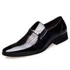 Mens Formal Wine Red Patent Leather Loafers Pointed Toe Slip On Shoes Hollow Out Non SlipBreathable Design Metal Buckle Decor