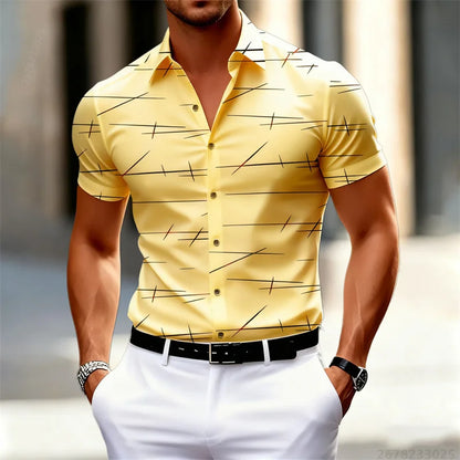 18 colors new men's fashion geometric line print short-sleeved shirt Urban casual style slim lapel shirt comfortable fabric