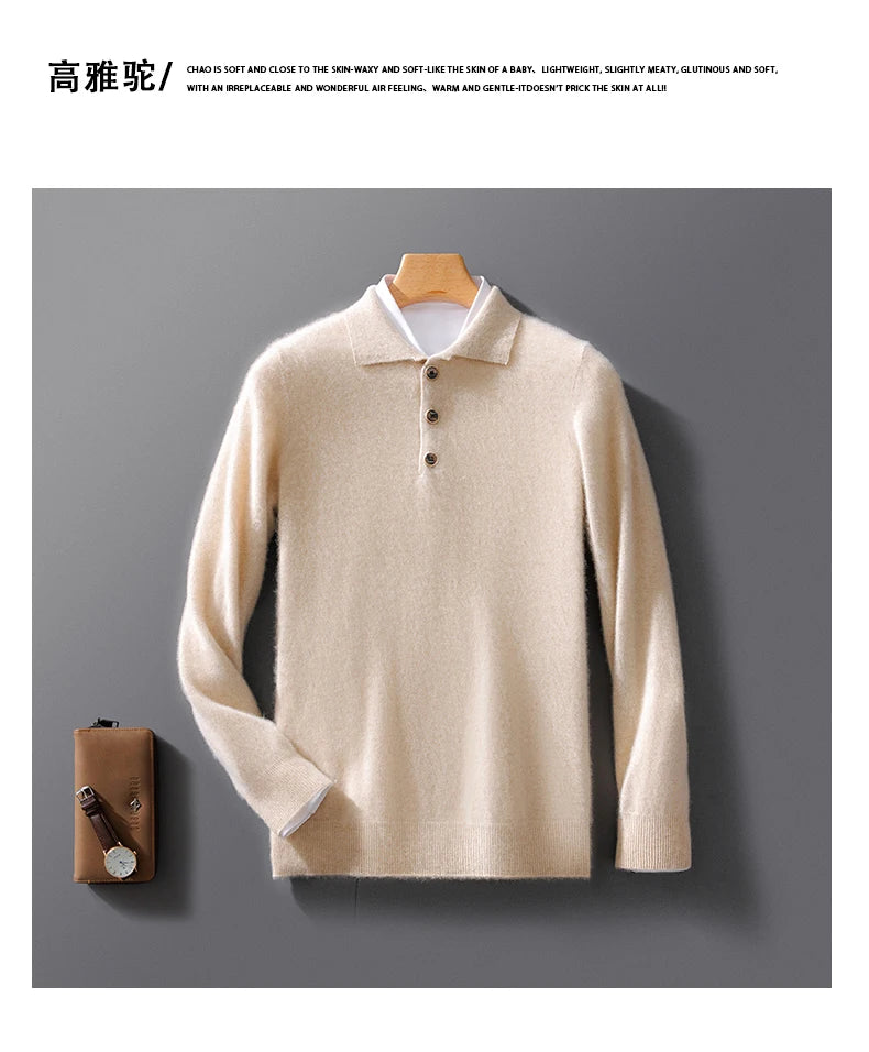 Autumn And Winter New 100 Pure Wool Sweater Men's POLO Collar Button Loose Pullover Sweater Cashmere Knitted Bottoming Shirt