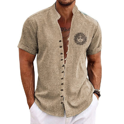 New men's linen short-sleeved shirt, with a fashionable retro style, ethnic motif printing, comfortable and breathable. Men's sh