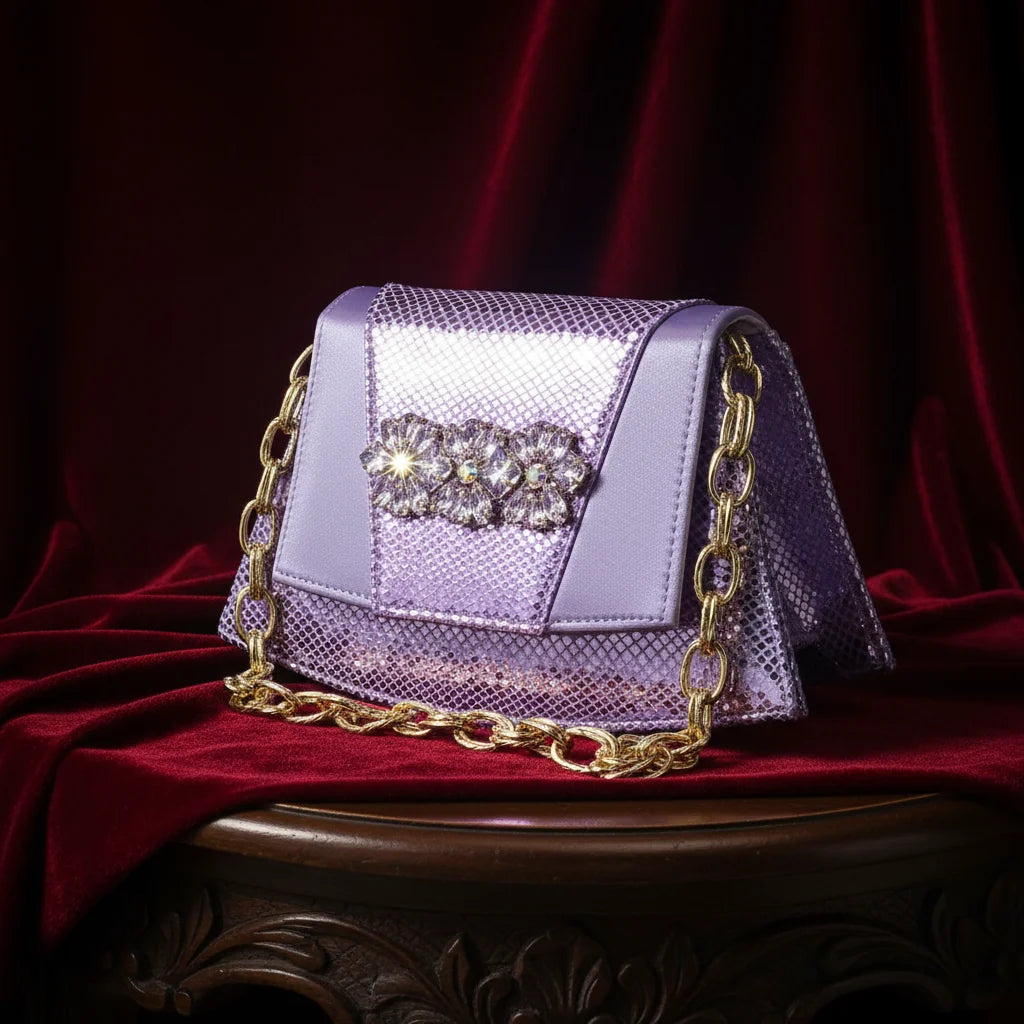 New Elegant 2026 Lilac Peep Toe Women Heels with Diamond Accents - Italian Design Matching Pumps and Bag Set for Parties