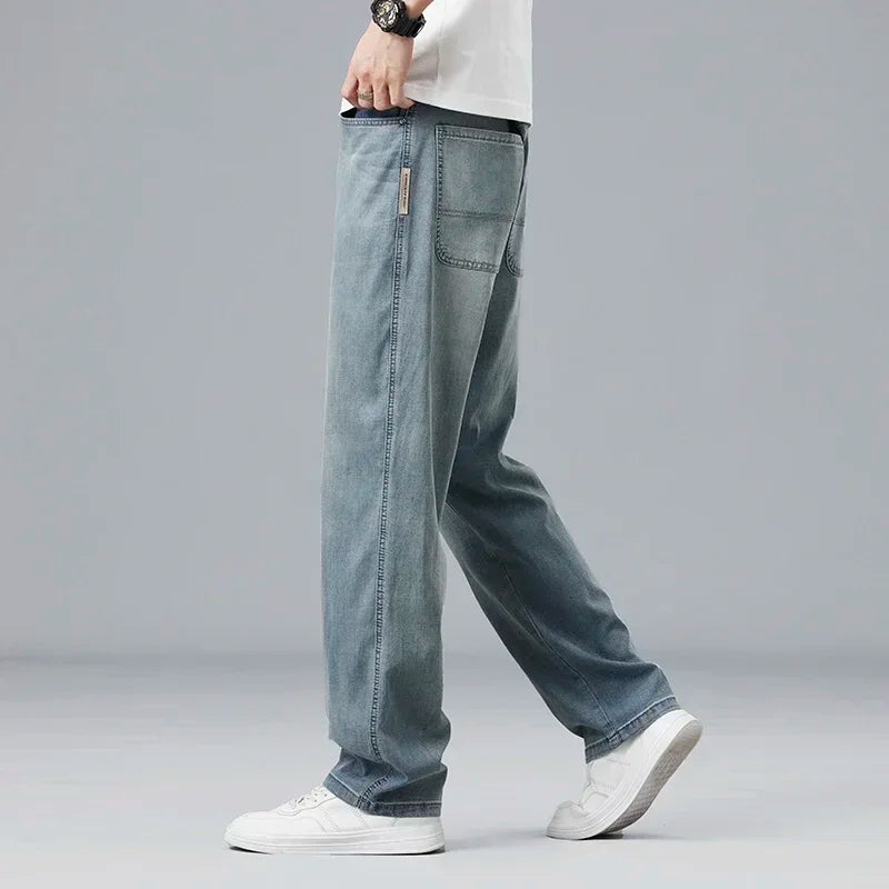 2026 New Summer Ultra-thin Lyocell Men's Jeans Drape Soft Fabric Loose Straight Casual Denim Pant Elastic Ice Silk Male Trousers