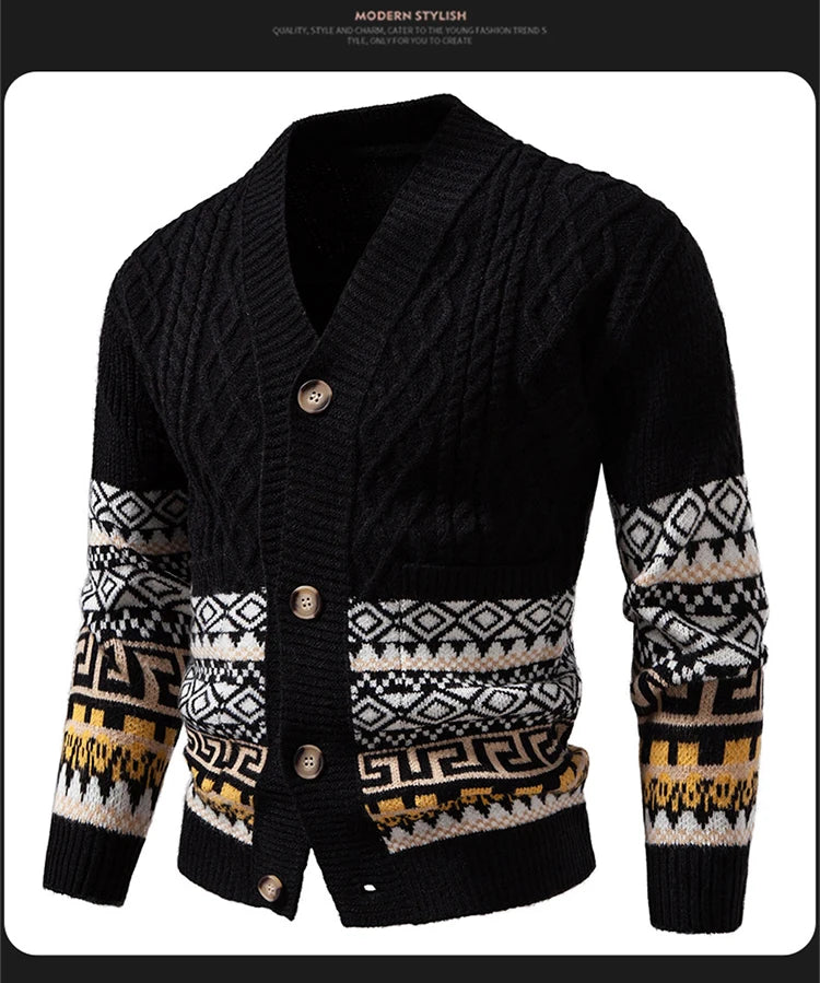Men's Cable Knit Fair Isle Geometric Striped Cardigan V Neck Button Front Pocket Long Sleeve Sweater Autumn Winter Casual