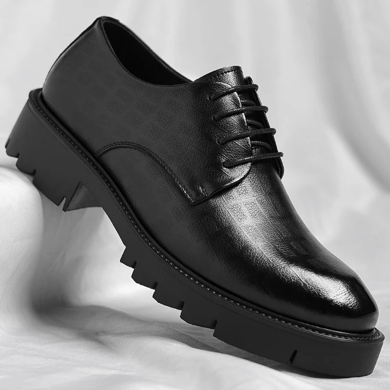 Men's Thick-Soled Low-Cut Business Formal Leather Shoes With Lace-Up Height Increase Groom's Wedding Shoes With Suit Shoes