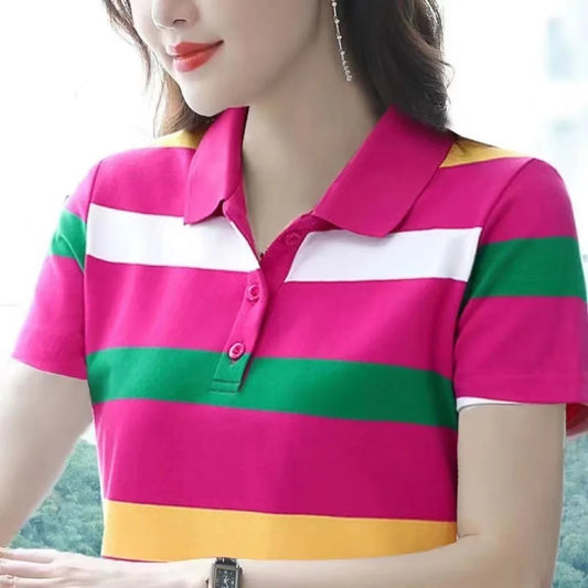 Women Summer Tops Strip Tees Sexy Vintage Short Sleeve 5XL Polo T Shirts Loose Casual Befree Boho Tees