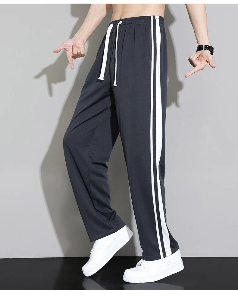 Summer New Men Sweatpants Joggers Straight Pants Neutral Breathable Loose Outdoor Quick Drying Fabric Striped Casual Trouser