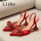 Liyke Spring Summer Fashion Rhinestone Bowknot Women Pumps Sexy Silk Pointed Toe Strange High Heels Party Prom Shoes Gold Silver